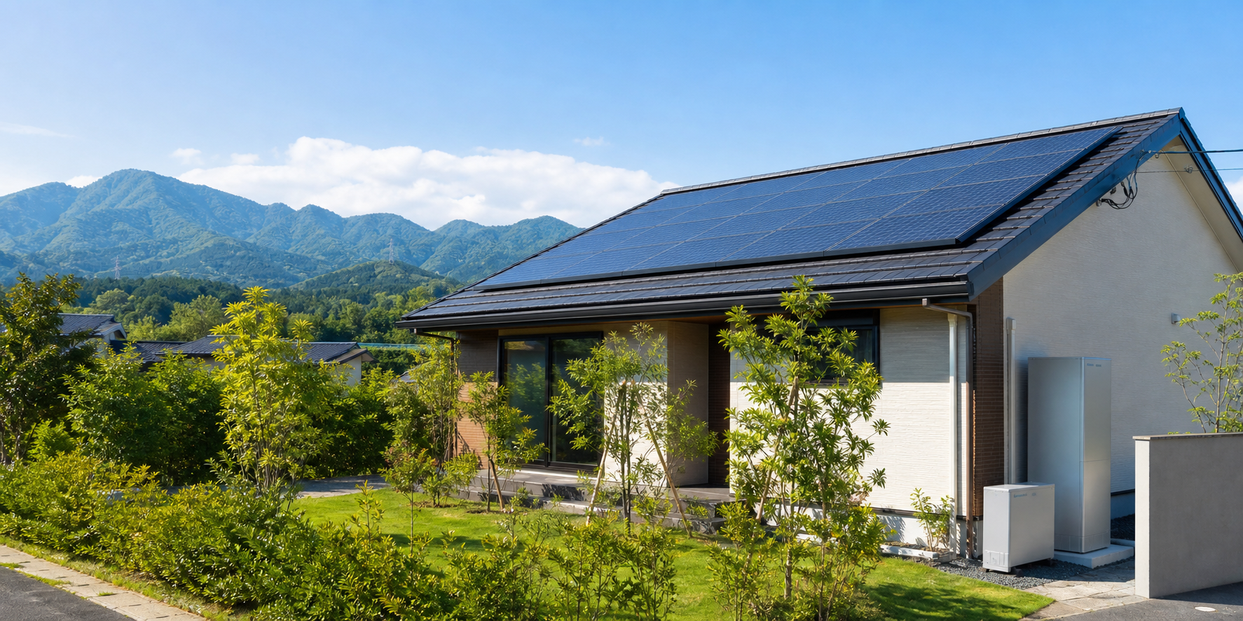 熊本県の山並みを背景に太陽光パネルと家庭用蓄電池を備えた戸建住宅