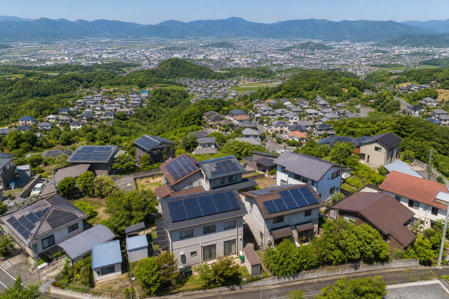 太陽光パネルを設置した住宅が広がる熊本県内の住宅地