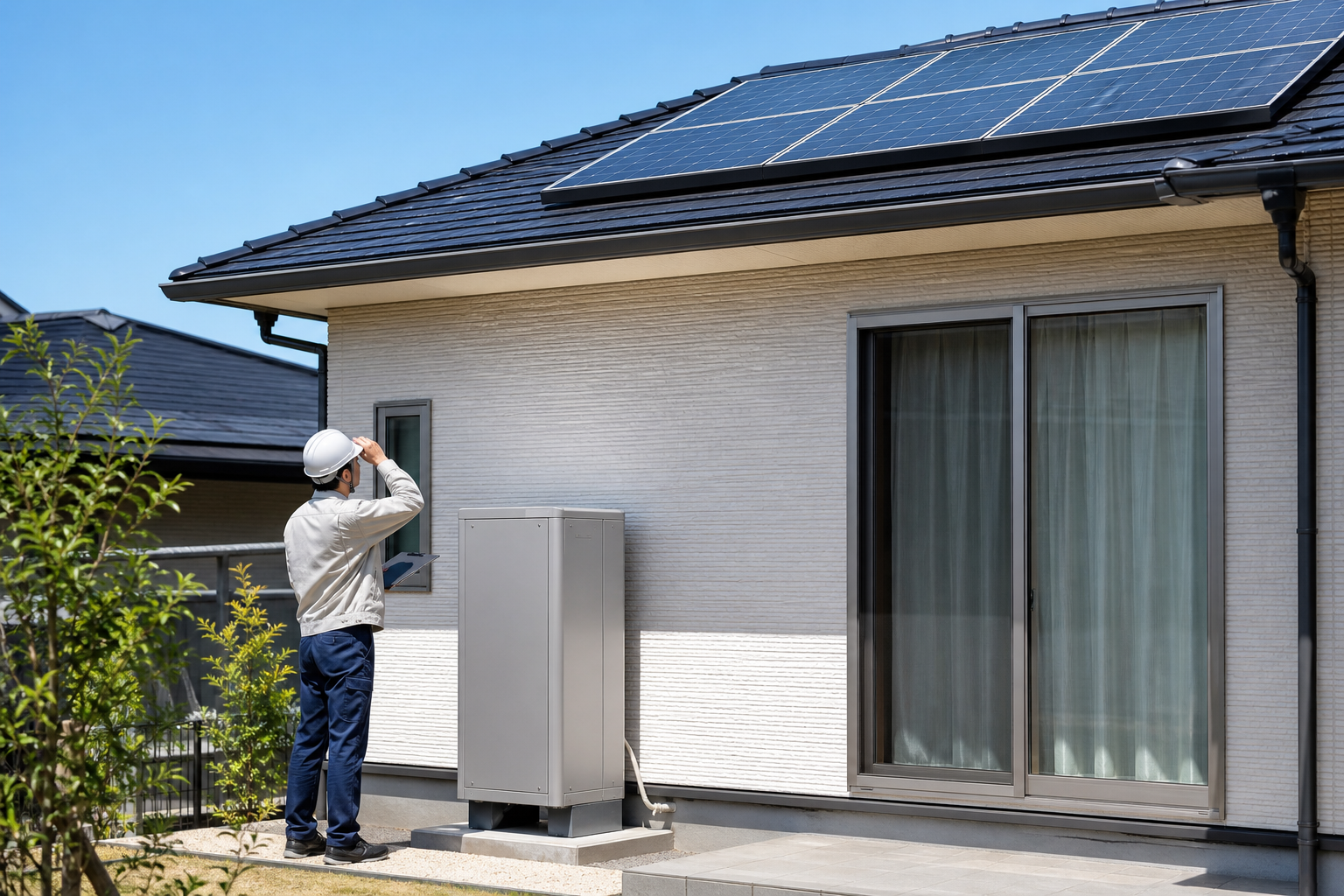熊本市の戸建住宅で太陽光パネルと家庭用蓄電池を点検する施工担当者