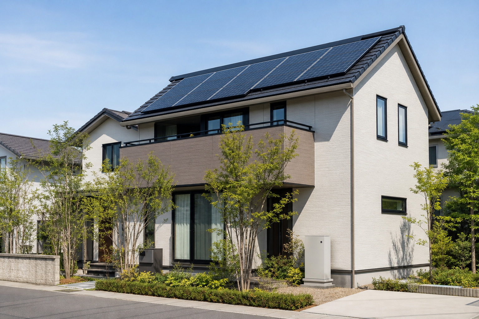 住宅の太陽光発電と家庭用蓄電池設備のイメージ